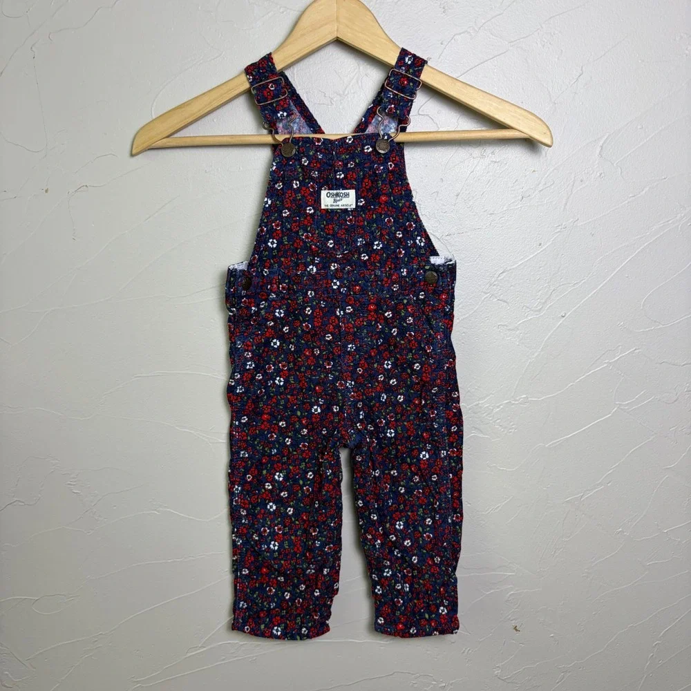 Y2K OshKosh B'gosh Floral Corduroy Overalls Baby Girl 18M Navy Flower Cottage